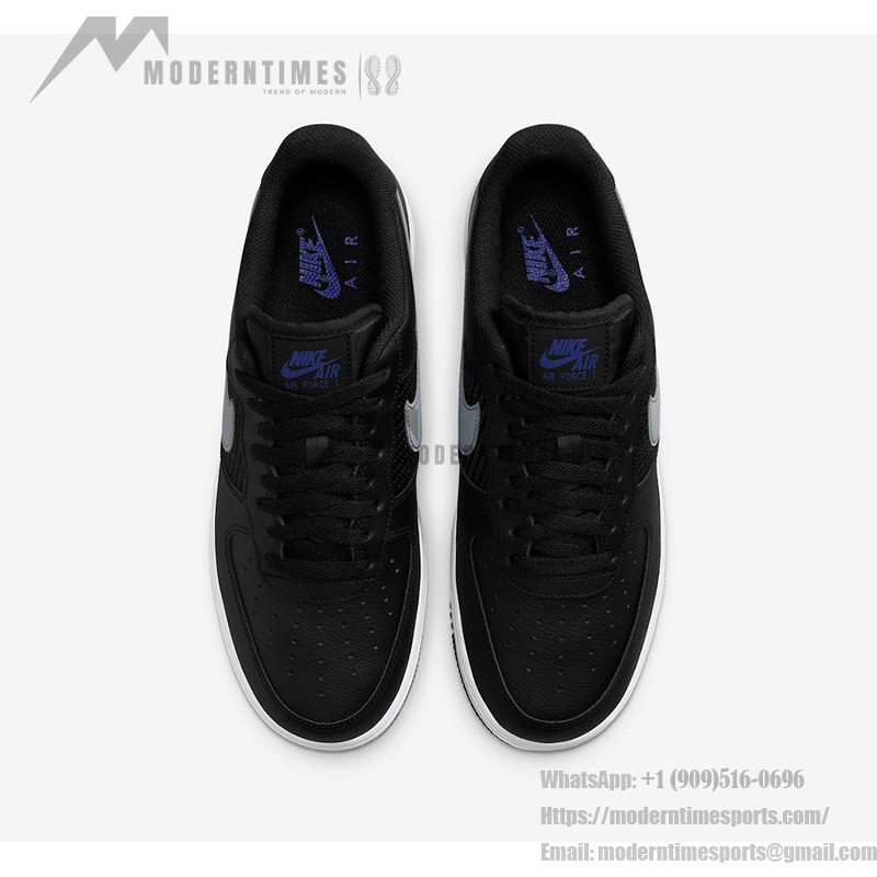 Nike Air Force 1 Low FD0666-001 ブラックレザースニーカー Nike Air Force 1 Low FD0666-001 - ブラックレザーのデュアルグレースウッシュ & ブルーアクセント付きスニーカー