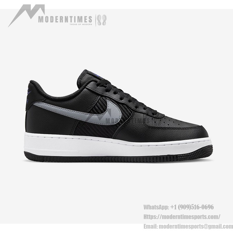 Nike Air Force 1 Low FD0666-001 ブラックレザースニーカー Nike Air Force 1 Low FD0666-001 - ブラックレザーのデュアルグレースウッシュ & ブルーアクセント付きスニーカー