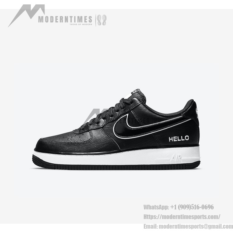 Nike Air Force 1 Low 'Hello' - ホワイトアクセントと「Hello」ブランドが特徴のブラック Nike Air Force 1 Low 'Hello' ホワイトアクセントと「Hello」ブランドのブラックスニーカー