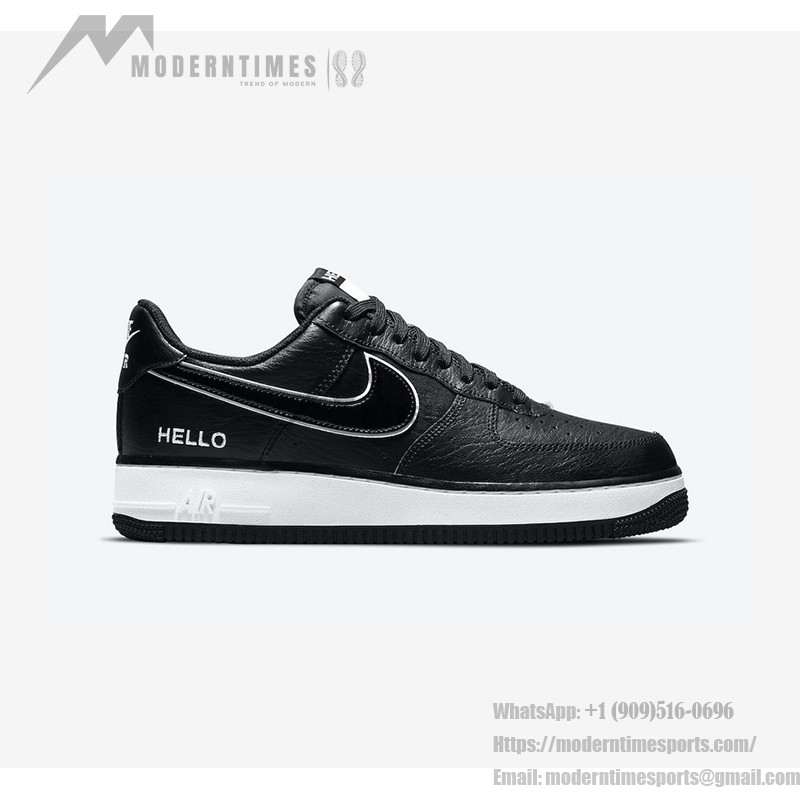 Nike Air Force 1 Low 'Hello' - ホワイトアクセントと「Hello」ブランドが特徴のブラック Nike Air Force 1 Low 'Hello' ホワイトアクセントと「Hello」ブランドのブラックスニーカー