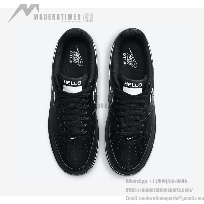 Nike Air Force 1 Low 'Hello' - ホワイトアクセントと「Hello」ブランドが特徴のブラック Nike Air Force 1 Low 'Hello' ホワイトアクセントと「Hello」ブランドのブラックスニーカー