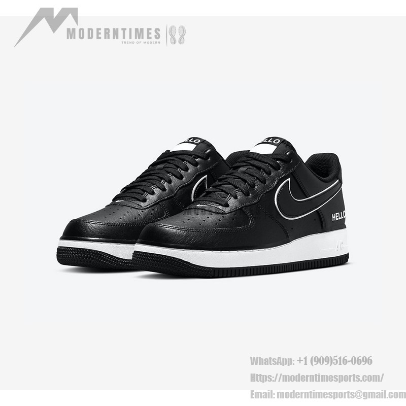 Nike Air Force 1 Low 'Hello' - ホワイトアクセントと「Hello」ブランドが特徴のブラック Nike Air Force 1 Low 'Hello' ホワイトアクセントと「Hello」ブランドのブラックスニーカー