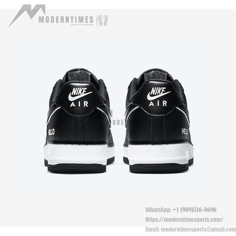Nike Air Force 1 Low 'Hello' - ホワイトアクセントと「Hello」ブランドが特徴のブラック Nike Air Force 1 Low 'Hello' ホワイトアクセントと「Hello」ブランドのブラックスニーカー