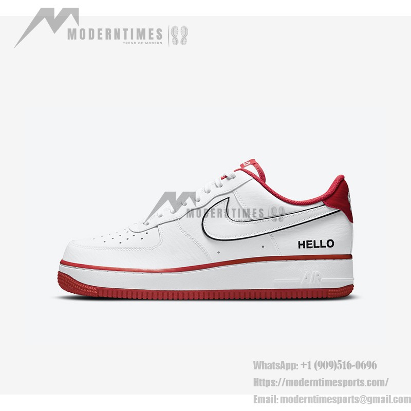 Nike Air Force 1 Low 'Hello' - ホワイト&レッドスニーカー Nike Air Force 1 Low 'Hello' - 赤のアクセントとHelloのブランディングが特徴のホワイトスニーカー