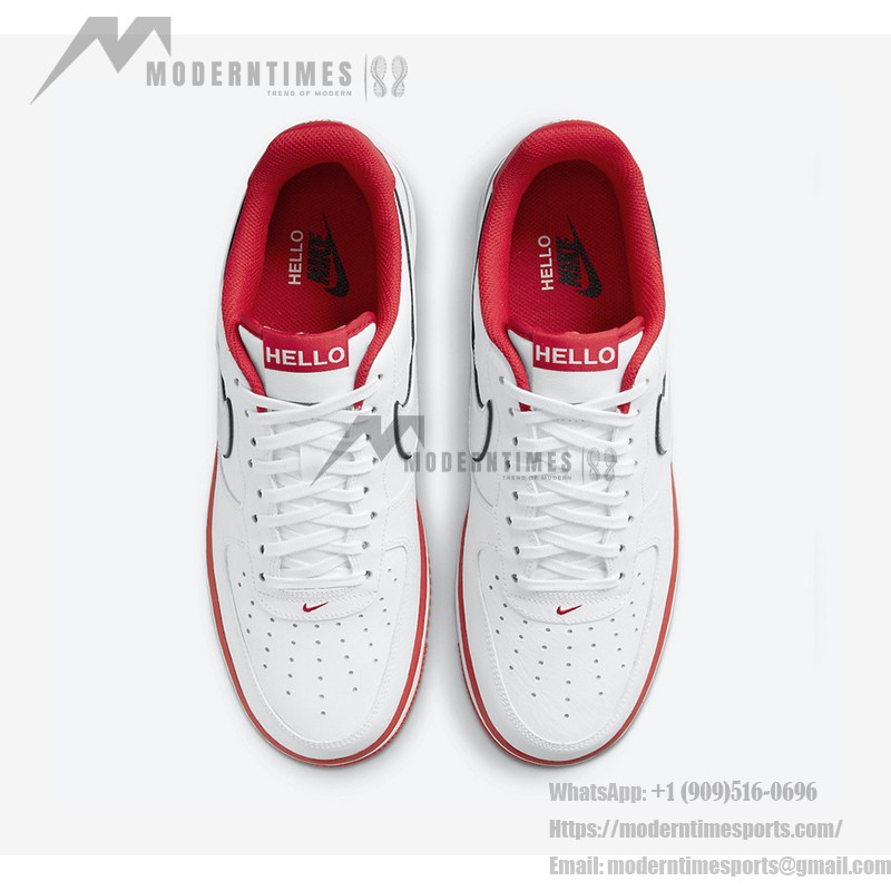 Nike Air Force 1 Low 'Hello' - ホワイト&レッドスニーカー Nike Air Force 1 Low 'Hello' - 赤のアクセントとHelloのブランディングが特徴のホワイトスニーカー