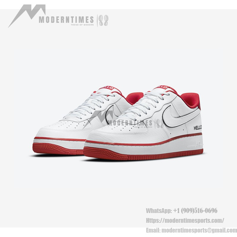 Nike Air Force 1 Low 'Hello' - ホワイト&レッドスニーカー Nike Air Force 1 Low 'Hello' - 赤のアクセントとHelloのブランディングが特徴のホワイトスニーカー