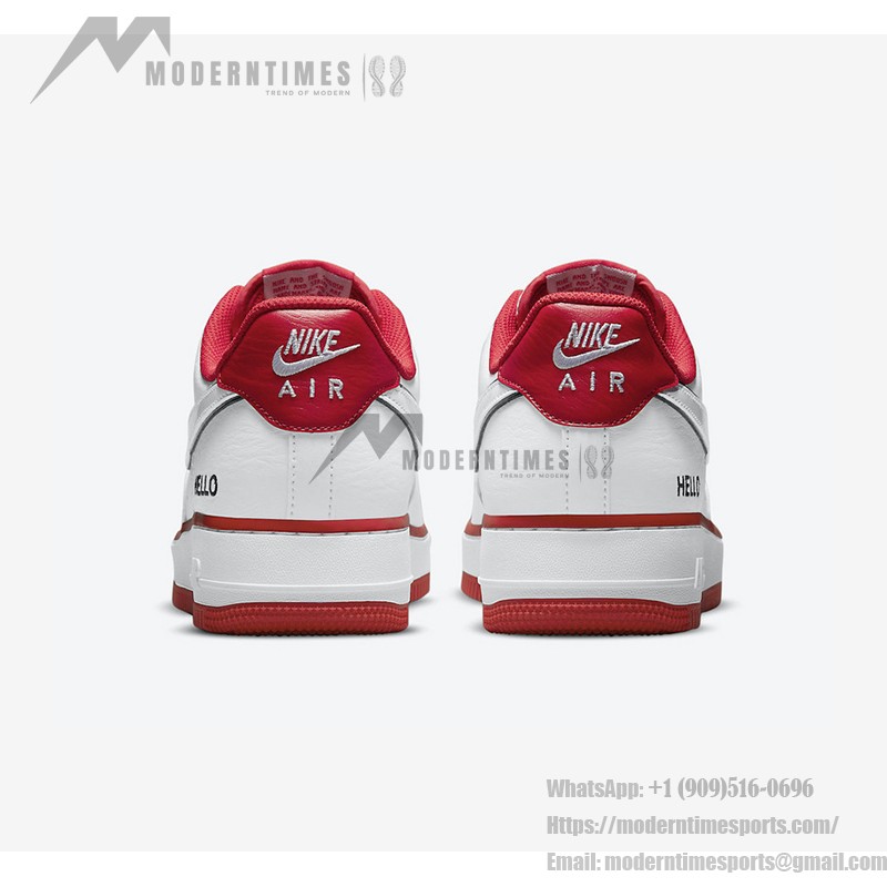 Nike Air Force 1 Low 'Hello' - ホワイト&レッドスニーカー Nike Air Force 1 Low 'Hello' - 赤のアクセントとHelloのブランディングが特徴のホワイトスニーカー