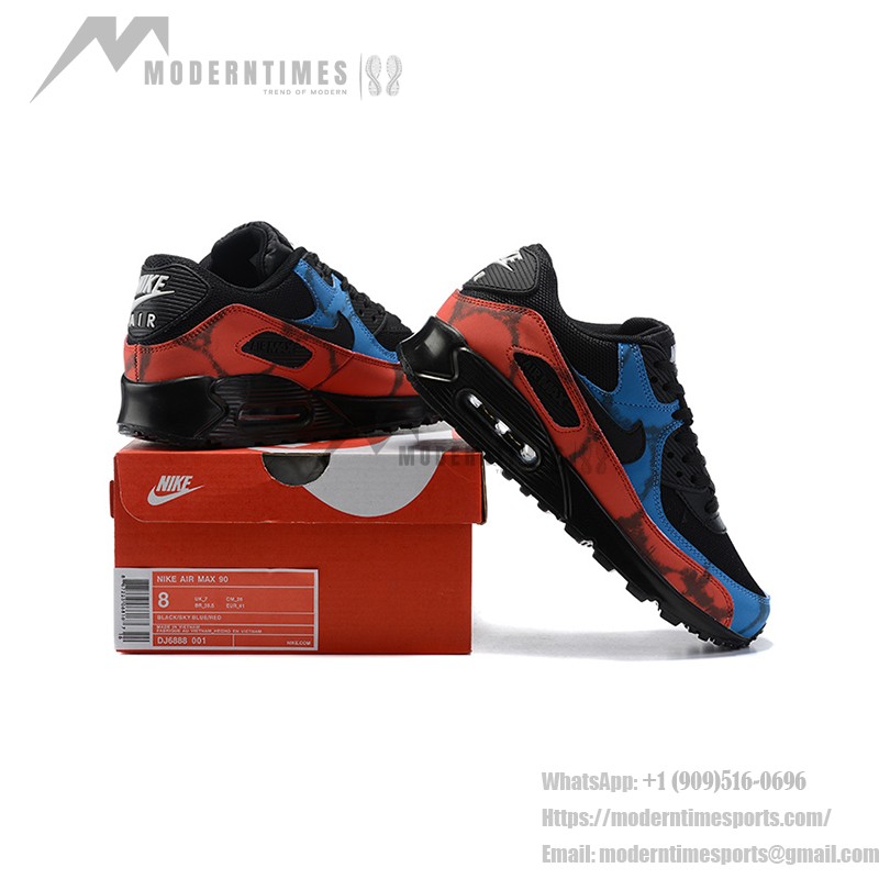 Nike Air Max 90 DJ6888-001 - タイダイデザインのブラックスニーカー Nike Air Max 90 DJ6888-001 - レッドとブルーのタイダイオーバーレイを施したブラックスニーカー