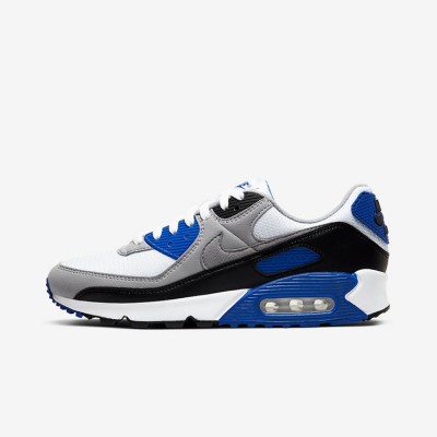 Nike Air Max 90 CD0881-102 - ホワイト、ブラック、ブルーのスニーカーにグレーのオーバーレイ | アイコニックなデザイン & デイリーな快適さ