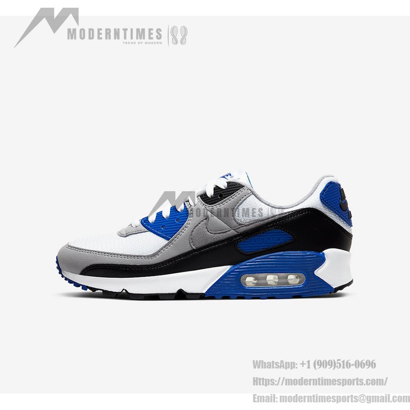 Nike Air Max 90 CD0881-102 - スタイリッシュなホワイト、ブラック&ブルーのスニーカー Nike Air Max 90 CD0881-102 - ホワイト、ブラック&ブルーのスニーカーにグレーのオーバーレイ