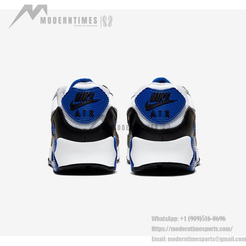 Nike Air Max 90 CD0881-102 - スタイリッシュなホワイト、ブラック&ブルーのスニーカー Nike Air Max 90 CD0881-102 - ホワイト、ブラック&ブルーのスニーカーにグレーのオーバーレイ