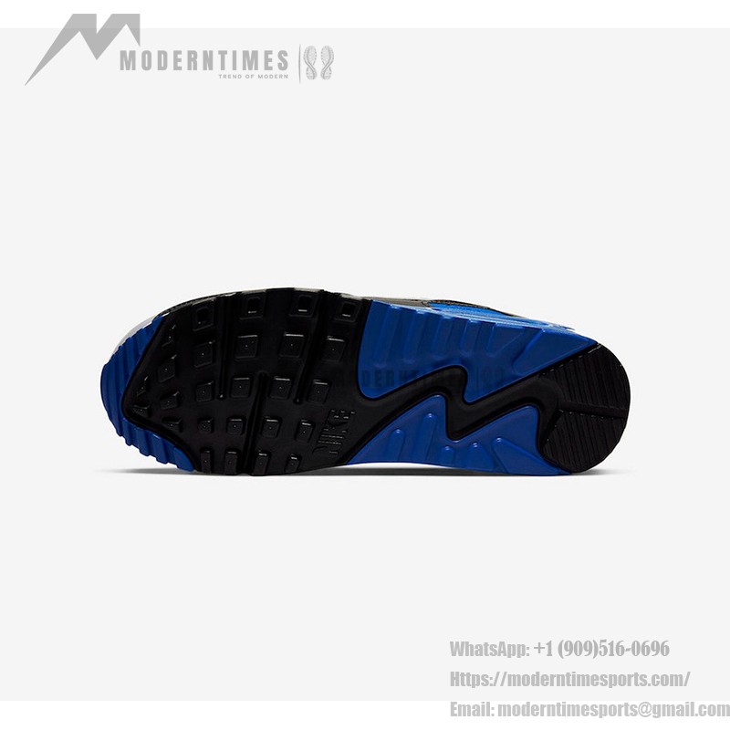 Nike Air Max 90 CD0881-102 - スタイリッシュなホワイト、ブラック&ブルーのスニーカー Nike Air Max 90 CD0881-102 - ホワイト、ブラック&ブルーのスニーカーにグレーのオーバーレイ