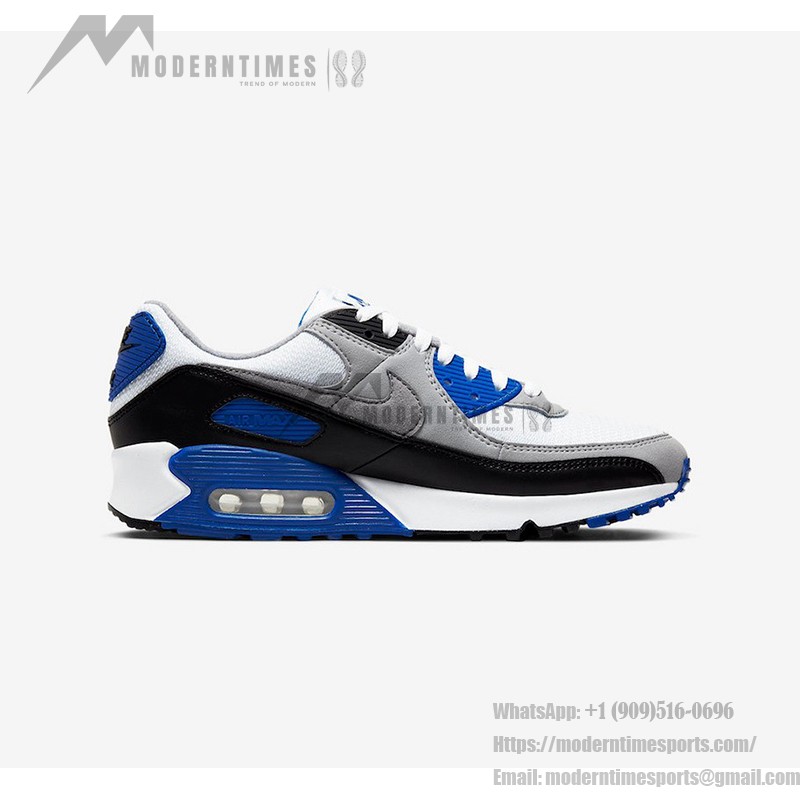 Nike Air Max 90 CD0881-102 - スタイリッシュなホワイト、ブラック&ブルーのスニーカー Nike Air Max 90 CD0881-102 - ホワイト、ブラック&ブルーのスニーカーにグレーのオーバーレイ