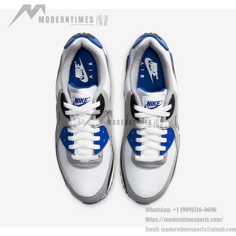 Nike Air Max 90 CD0881-102 - スタイリッシュなホワイト、ブラック&ブルーのスニーカー Nike Air Max 90 CD0881-102 - ホワイト、ブラック&ブルーのスニーカーにグレーのオーバーレイ