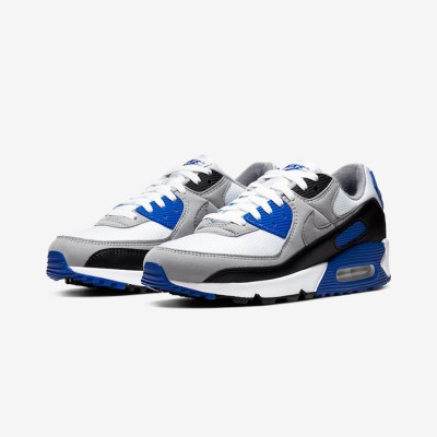 Nike Air Max 90 CD0881-102 - ホワイト、ブラック、ブルーのスニーカーにグレーのオーバーレイ | アイコニックなデザイン & デイリーな快適さ