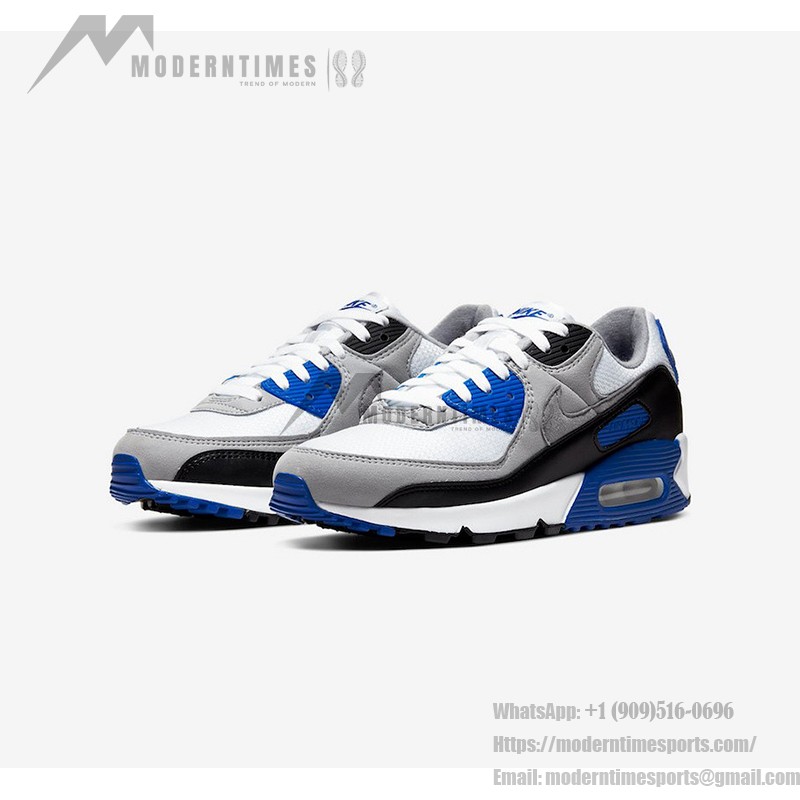 Nike Air Max 90 CD0881-102 - スタイリッシュなホワイト、ブラック&ブルーのスニーカー Nike Air Max 90 CD0881-102 - ホワイト、ブラック&ブルーのスニーカーにグレーのオーバーレイ