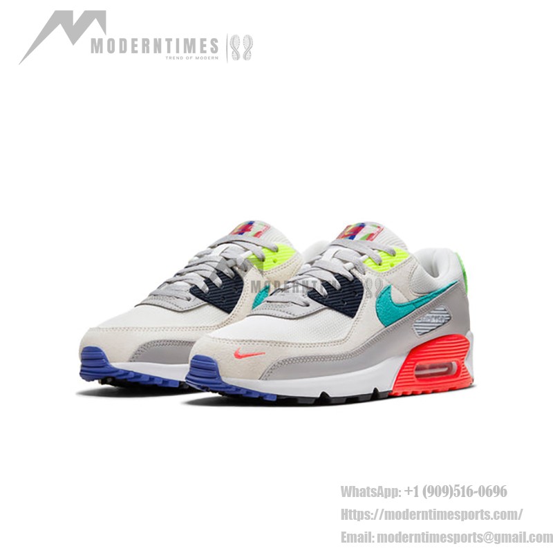 Nike Air Max 90 DA5562-001 - 魅力的なティールとネオングリーンのアクセント付きグレースニーカー Nike Air Max 90 DA5562-001 - グレーのスニーカー、ティール、ネオングリーン、レッドアクセント、スタイリッシュなデザインと快適さ