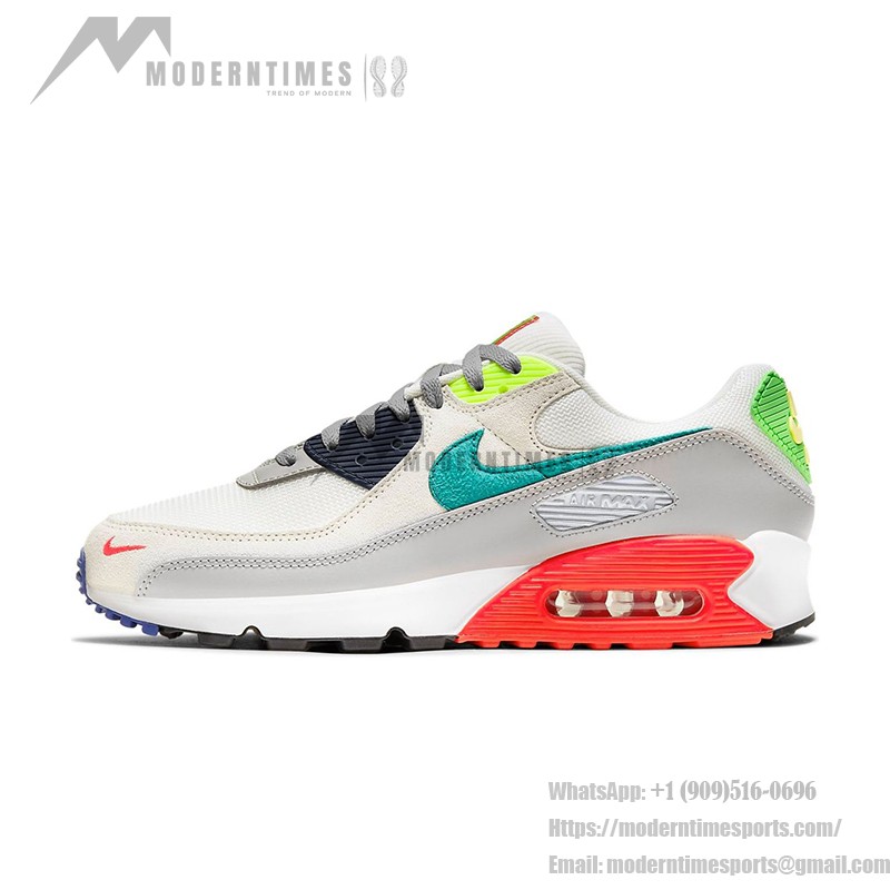 Nike Air Max 90 DA5562-001 - 魅力的なティールとネオングリーンのアクセント付きグレースニーカー Nike Air Max 90 DA5562-001 - グレーのスニーカー、ティール、ネオングリーン、レッドアクセント、スタイリッシュなデザインと快適さ