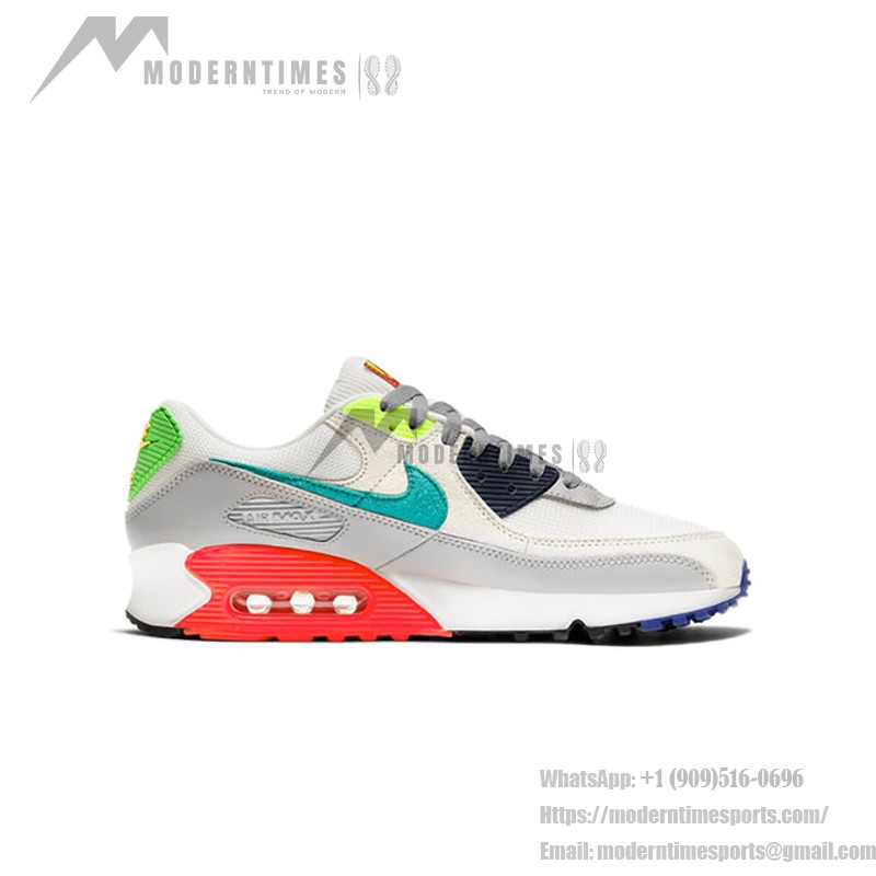 Nike Air Max 90 DA5562-001 - 魅力的なティールとネオングリーンのアクセント付きグレースニーカー Nike Air Max 90 DA5562-001 - グレーのスニーカー、ティール、ネオングリーン、レッドアクセント、スタイリッシュなデザインと快適さ