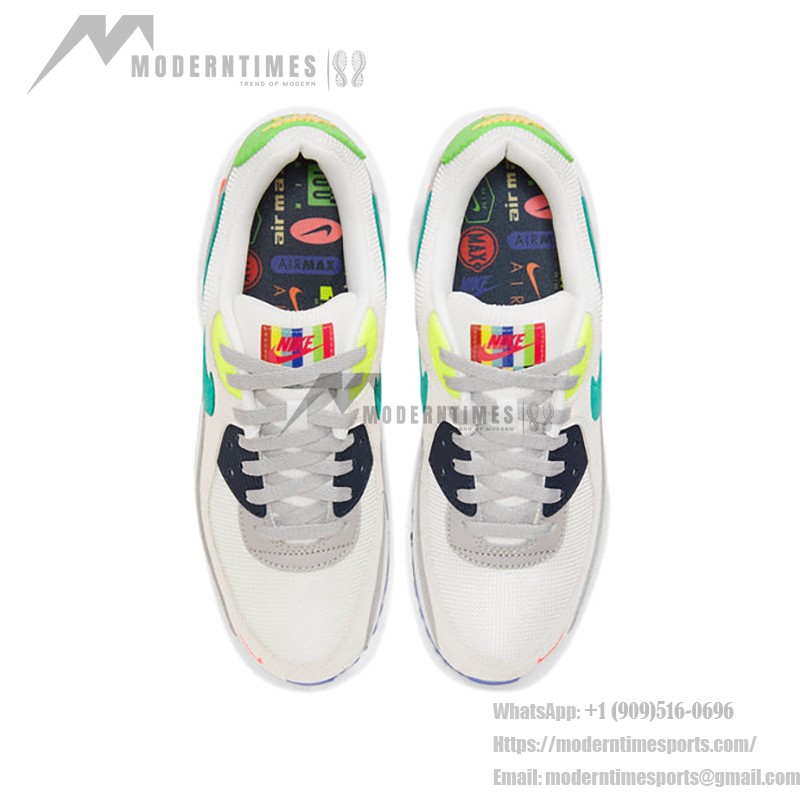 Nike Air Max 90 DA5562-001 - 魅力的なティールとネオングリーンのアクセント付きグレースニーカー Nike Air Max 90 DA5562-001 - グレーのスニーカー、ティール、ネオングリーン、レッドアクセント、スタイリッシュなデザインと快適さ