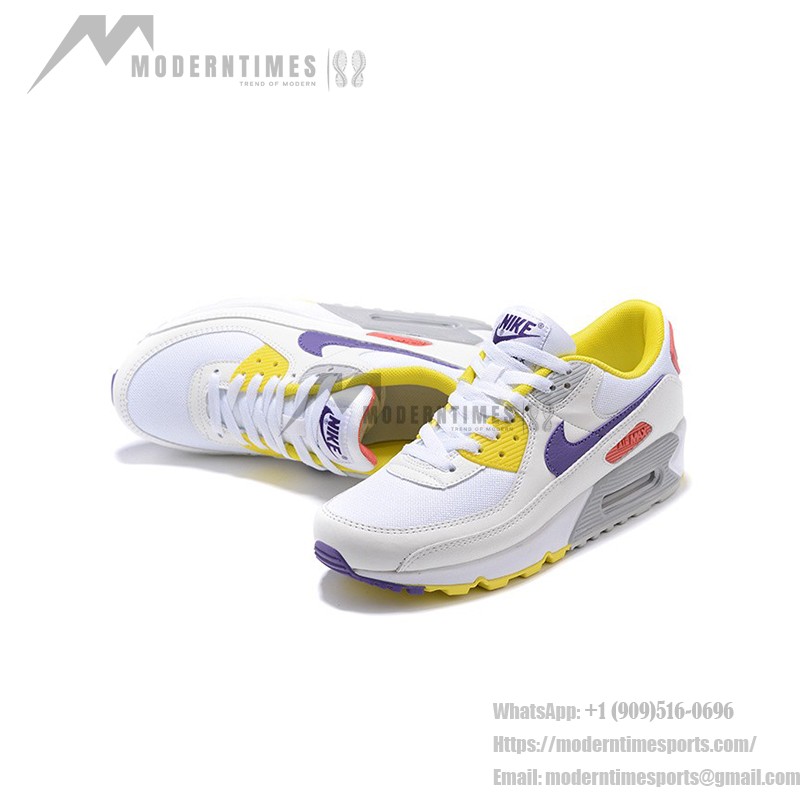 Nike Air Max 90 DA8726-100 - 鮮やかなカラーが魅力のアイコニックなホワイトスニーカー Nike Air Max 90 DA8726-100 - イエロー、パープル、レッドアクセントが特徴のホワイトスニーカー