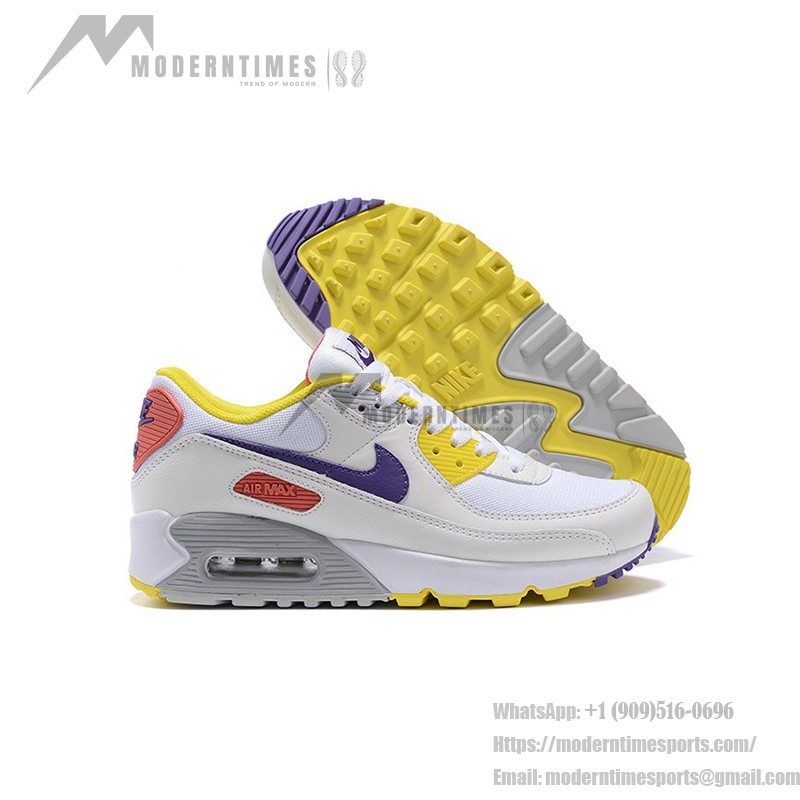 Nike Air Max 90 DA8726-100 - 鮮やかなカラーが魅力のアイコニックなホワイトスニーカー Nike Air Max 90 DA8726-100 - イエロー、パープル、レッドアクセントが特徴のホワイトスニーカー