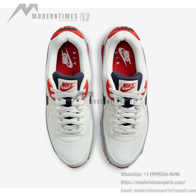 Nike Air Max 90 DB0625-101 ホワイト&ネイビースニーカー Nike Air Max 90 DB0625-101、ホワイトスニーカー(赤とネイビーのアクセント付き)