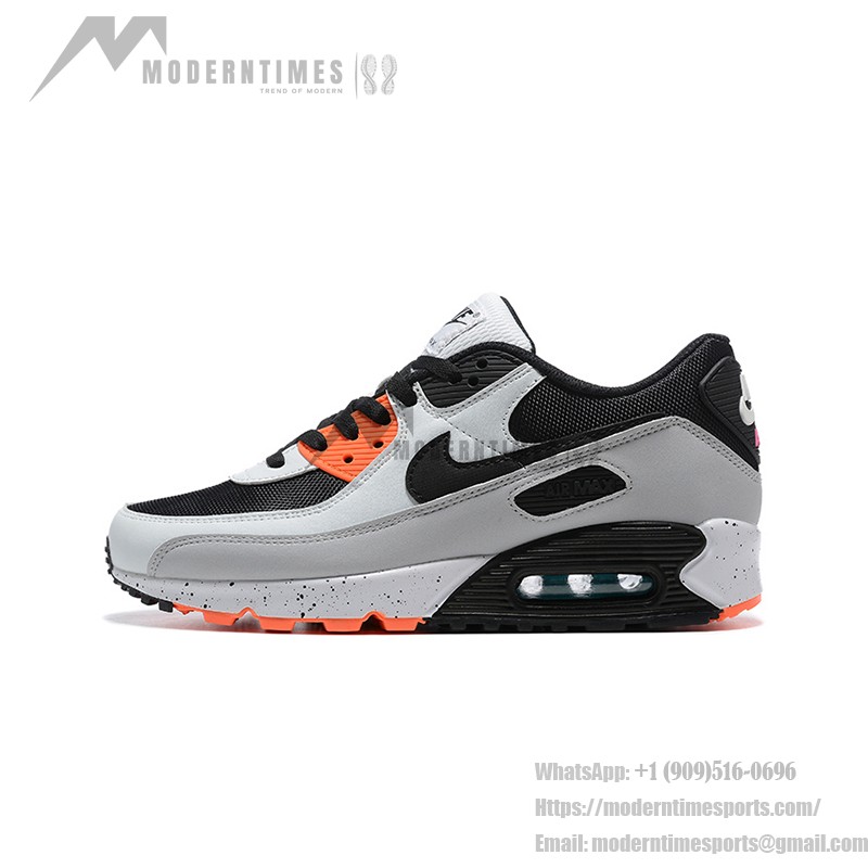 Nike Air Max 90 DC9845-100 - グレー、ブラック&オレンジのスニーカー Nike Air Max 90 DC9845-100 - グレー、ブラック&オレンジのスニーカー、斑点模様のミッドソール付き