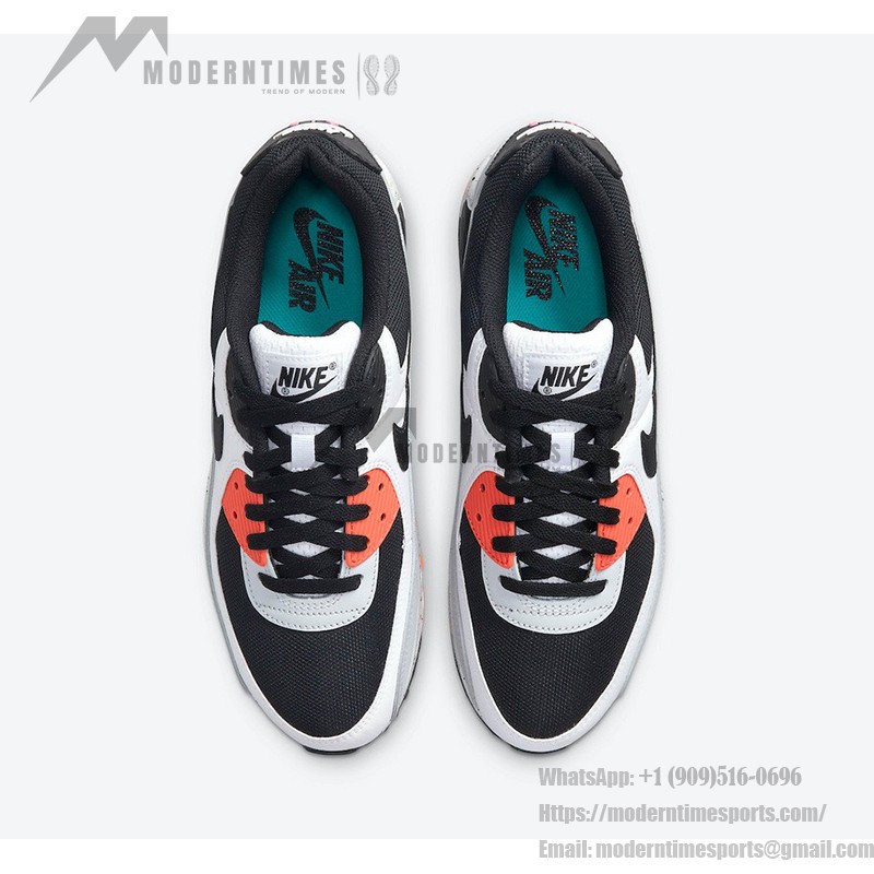 Nike Air Max 90 DC9845-100 - グレー&ブラックスニーカー オレンジのディテール Nike Air Max 90 DC9845-100 グレーとブラックのスニーカー、オレンジのアクセント付き