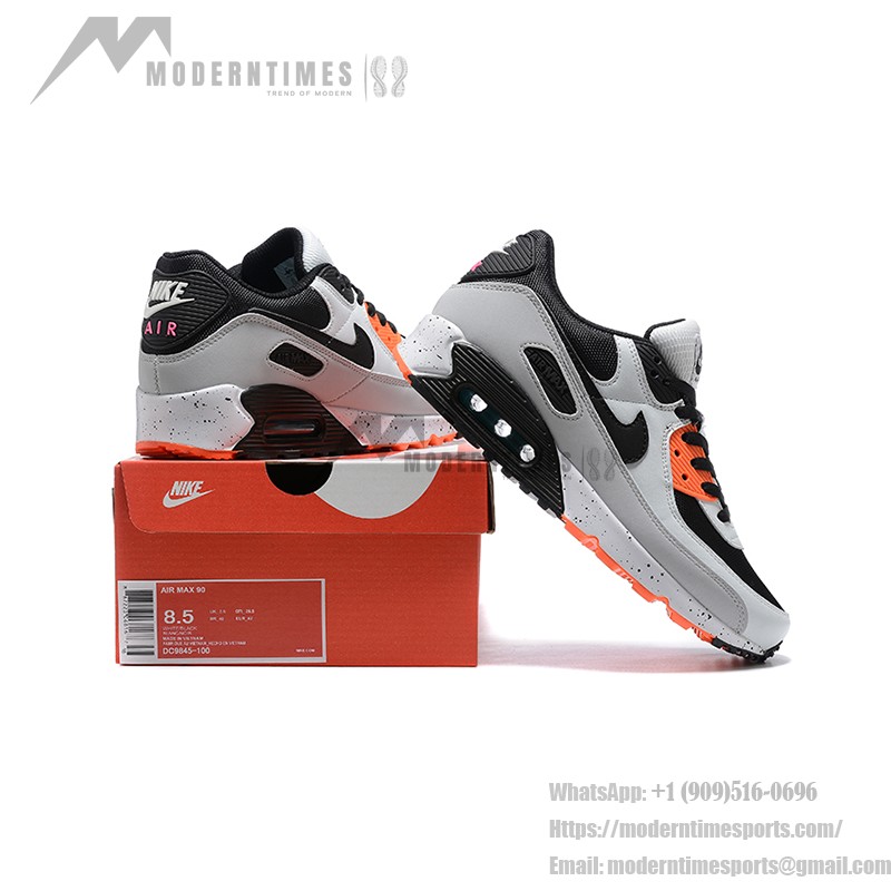 Nike Air Max 90 DC9845-100 - グレー、ブラック&オレンジのスニーカー Nike Air Max 90 DC9845-100 - グレー、ブラック&オレンジのスニーカー、斑点模様のミッドソール付き