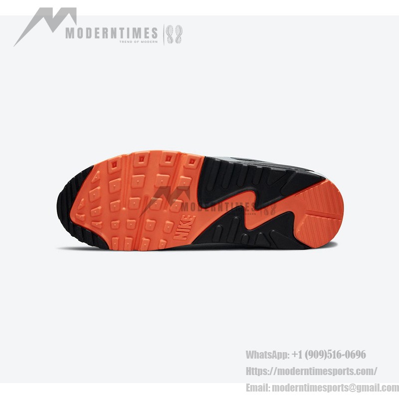 Nike Air Max 90 DC9845-100 - グレー&ブラックスニーカー オレンジのディテール Nike Air Max 90 DC9845-100 グレーとブラックのスニーカー、オレンジのアクセント付き