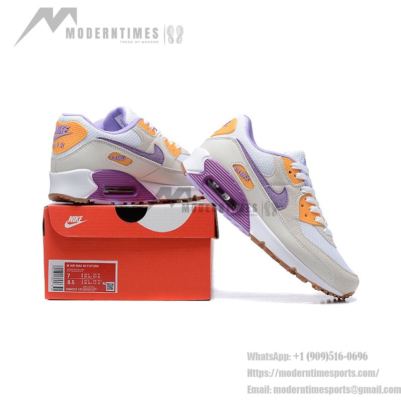 Nike Air Max 90 DM0029-102 - スタイリッシュなベージュスニーカー(パープル&オレンジアクセント付き) Nike Air Max 90 DM0029-102 - パープルとオレンジのアクセントが際立つベージュスニーカー
