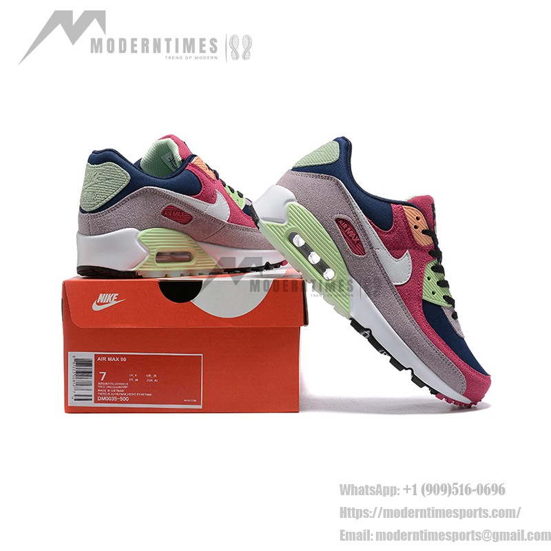 Nike Air Max 90 DM0035-500 - 鮮やかなマルチカラースエードスニーカー Nike Air Max 90 DM0035-500 - マルチカラースエードスニーカー 鮮やかなピンク、グリーン、ネイビーのアクセント付き