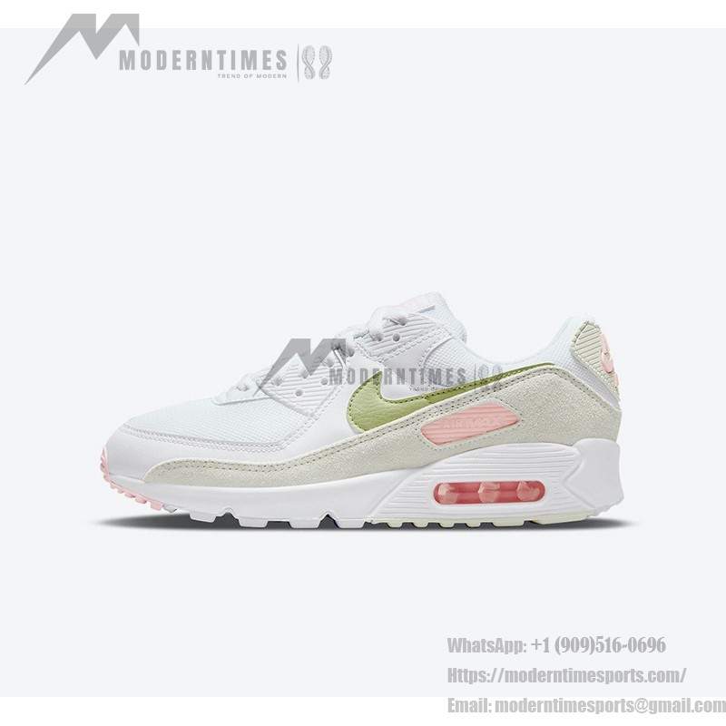 Nike Air Max 90 DM2874-100 - エレガントなホワイトスニーカー グリーン&ピンクアクセント付き Nike Air Max 90 DM2874-100 - ホワイトスニーカー ライトグリーンとソフトピンクのディテール
