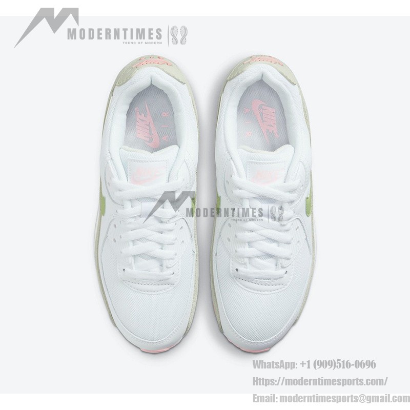 Nike Air Max 90 DM2874-100 - エレガントなホワイトスニーカー グリーン&ピンクアクセント付き Nike Air Max 90 DM2874-100 - ホワイトスニーカー ライトグリーンとソフトピンクのディテール