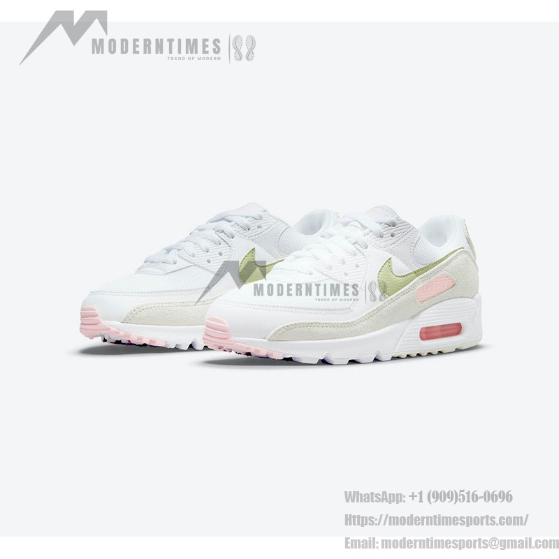 Nike Air Max 90 DM2874-100 - エレガントなホワイトスニーカー グリーン&ピンクアクセント付き Nike Air Max 90 DM2874-100 - ホワイトスニーカー ライトグリーンとソフトピンクのディテール