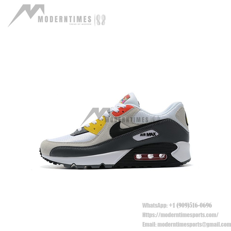 Nike Air Max 90 DM8151-100 - スタイリッシュなホワイト、グレー、ブラックスニーカー Nike Air Max 90 DM8151-100 - ホワイト、グレー、ブラックのスニーカー、レッド&イエローアクセント付き