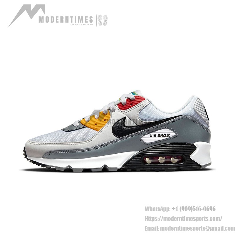 Nike Air Max 90 DM8151-100 - 大胆なグレーデザイン Nike Air Max 90 DM8151-100 - グレーのスニーカー、ブラック、レッド&イエローのアクセント付き