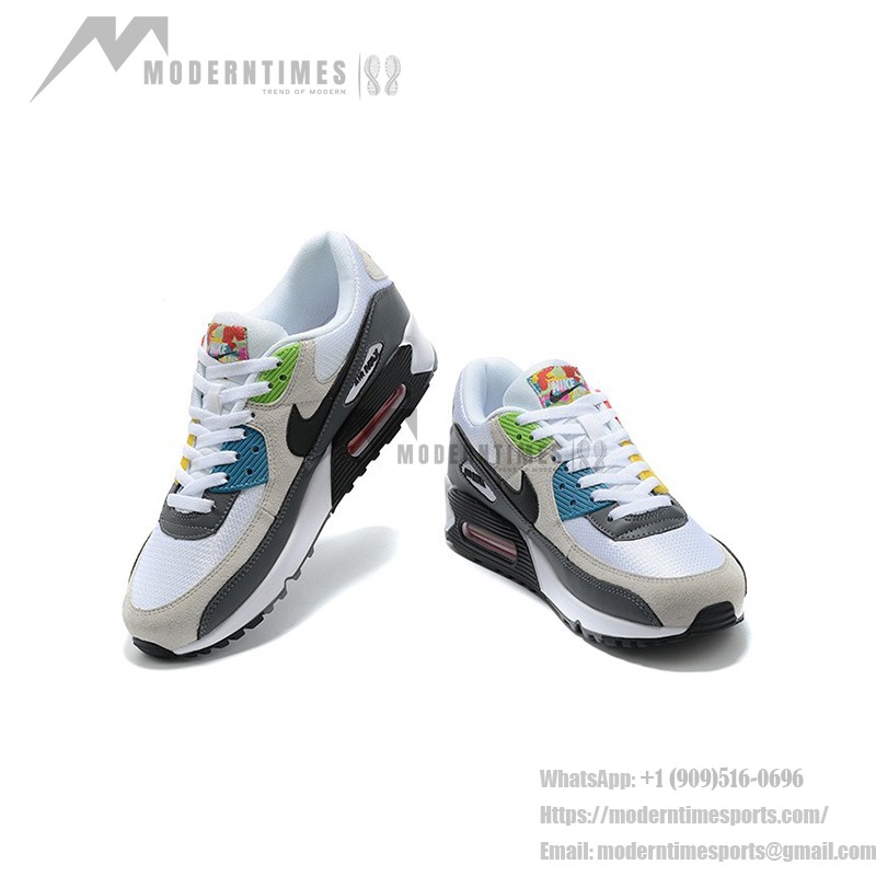 Nike Air Max 90 DM8151-100 - スタイリッシュなホワイト、グレー、ブラックスニーカー Nike Air Max 90 DM8151-100 - ホワイト、グレー、ブラックのスニーカー、レッド&イエローアクセント付き