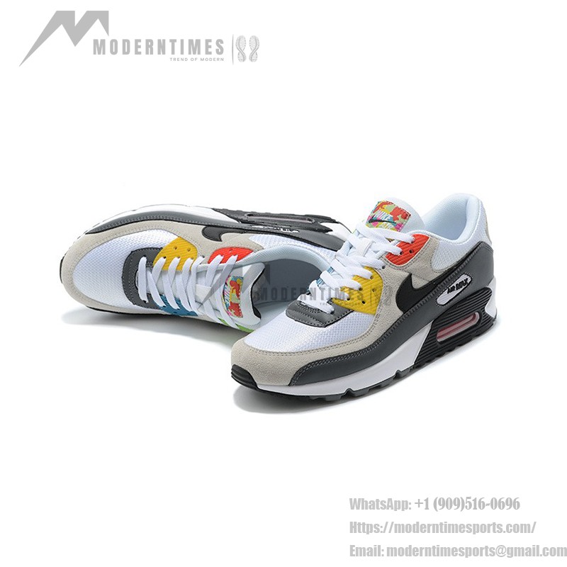 Nike Air Max 90 DM8151-100 - スタイリッシュなホワイト、グレー、ブラックスニーカー Nike Air Max 90 DM8151-100 - ホワイト、グレー、ブラックのスニーカー、レッド&イエローアクセント付き