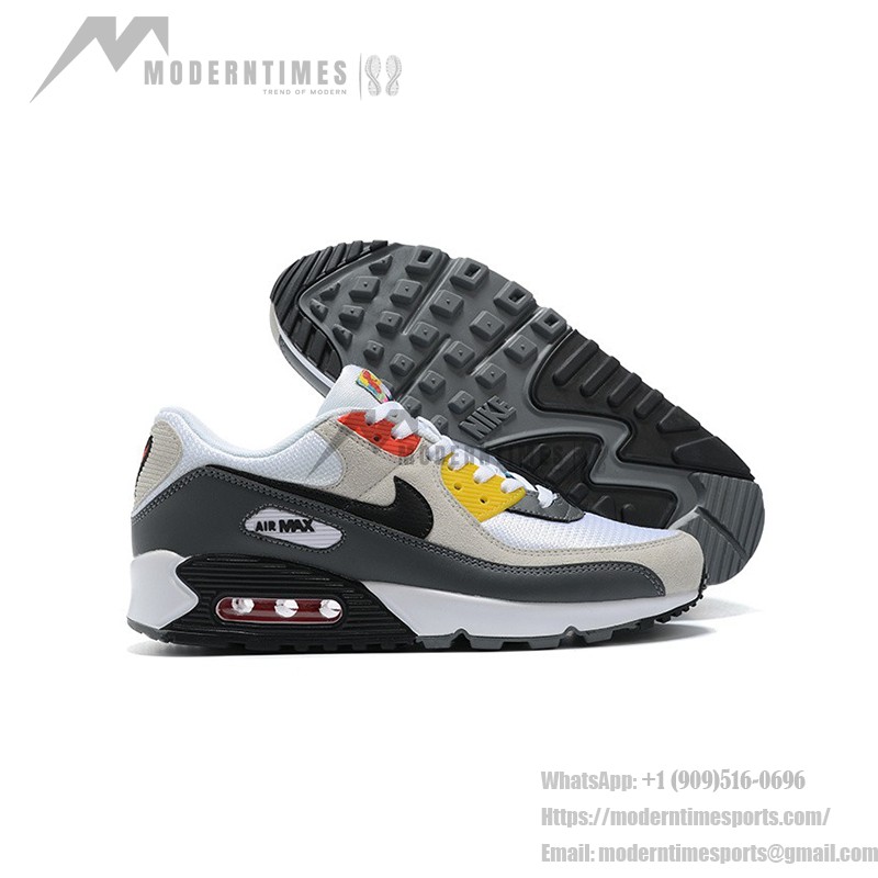 Nike Air Max 90 DM8151-100 - スタイリッシュなホワイト、グレー、ブラックスニーカー Nike Air Max 90 DM8151-100 - ホワイト、グレー、ブラックのスニーカー、レッド&イエローアクセント付き
