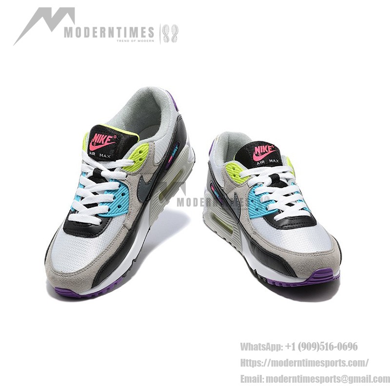 Nike Air Max 90 DR9900-100 - 鮮やかなマルチカラースニーカー Nike Air Max 90 DR9900-100 - グレー、ブラック、ホワイトのマルチカラースニーカー、ネオンアクセント付き