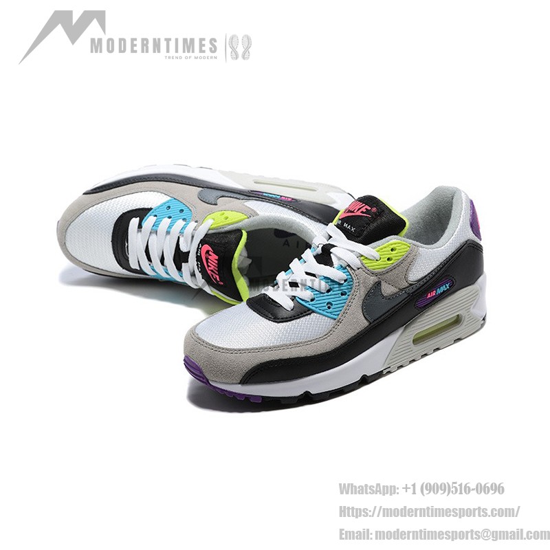 Nike Air Max 90 DR9900-100 - 鮮やかなマルチカラースニーカー Nike Air Max 90 DR9900-100 - グレー、ブラック、ホワイトのマルチカラースニーカー、ネオンアクセント付き