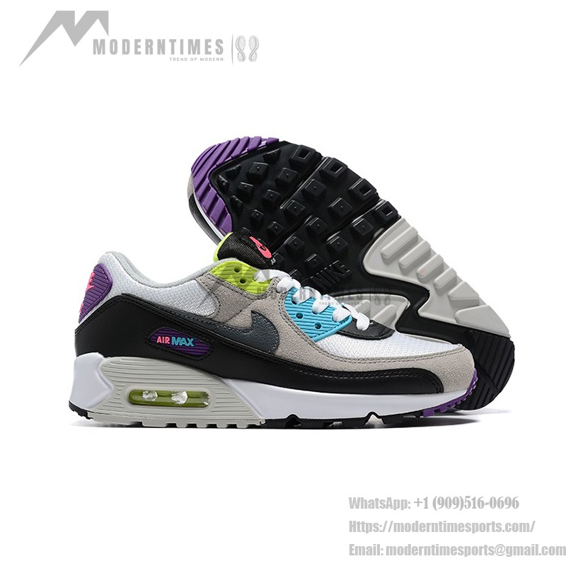 Nike Air Max 90 DR9900-100 - 鮮やかなマルチカラースニーカー Nike Air Max 90 DR9900-100 - グレー、ブラック、ホワイトのマルチカラースニーカー、ネオンアクセント付き
