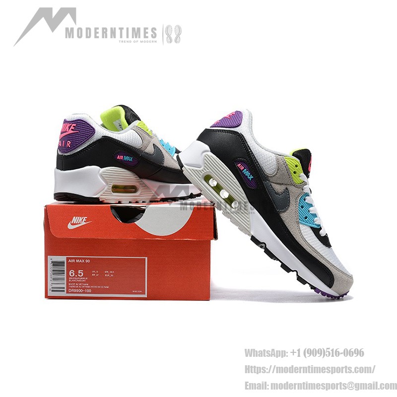 Nike Air Max 90 DR9900-100 - 鮮やかなマルチカラースニーカー Nike Air Max 90 DR9900-100 - グレー、ブラック、ホワイトのマルチカラースニーカー、ネオンアクセント付き