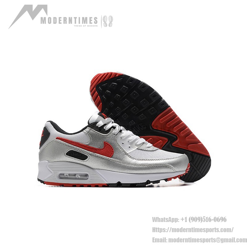 Nike Air Max 90 DX4233-001 - 未来的なシルバー&ホワイトスニーカー Nike Air Max 90 DX4233-001 - シルバーとホワイトのスニーカー(レッドスウッシュ付き)