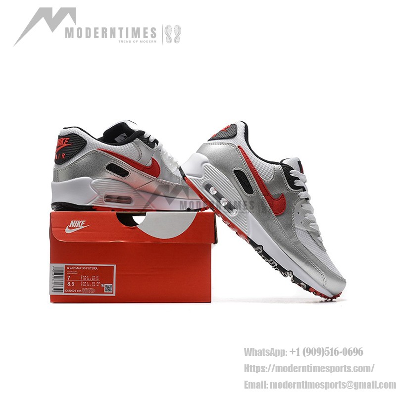 Nike Air Max 90 DX4233-001 - 未来的なシルバー&ホワイトスニーカー Nike Air Max 90 DX4233-001 - シルバーとホワイトのスニーカー(レッドスウッシュ付き)