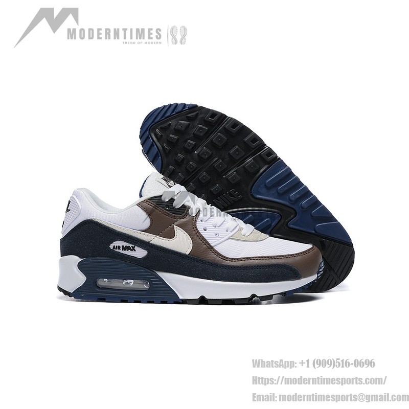 Nike Air Max 90 DZ3522-002 - 洗練されたホワイトスニーカー、ブラウン&ネイビーディテール付き Nike Air Max 90 DZ3522-002 - ホワイトスニーカー、ブラウン&ネイビーのオーバーレイ付き
