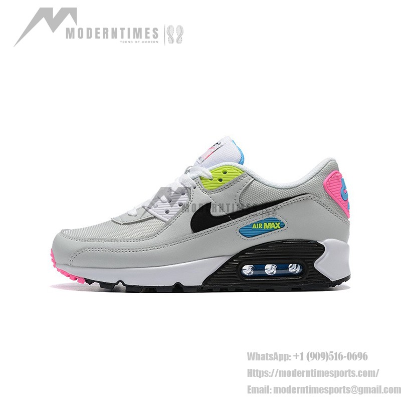 Nike Air Max 90 DZ4398-001 - Bold Grey Sneakers with Vibrant Neon Accents Nike Air Max 90 DZ4398-001 - Grey Sneakers with Neon Pink, Yellow & Blue Accents