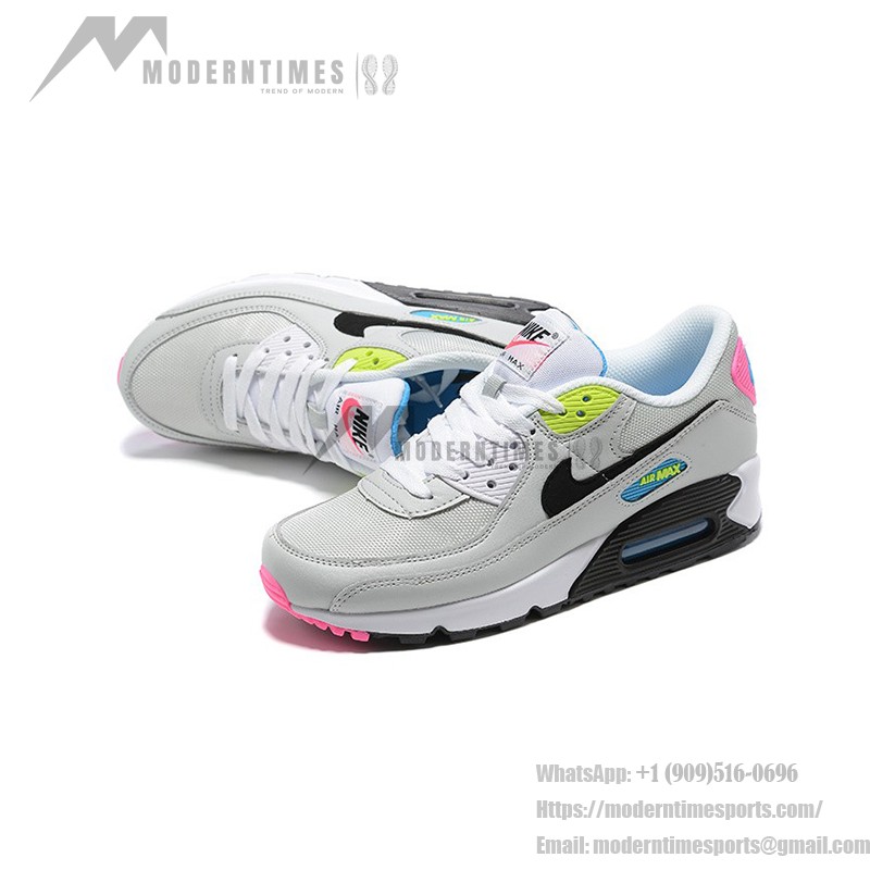 Nike Air Max 90 DZ4398-001 - Bold Grey Sneakers with Vibrant Neon Accents Nike Air Max 90 DZ4398-001 - Grey Sneakers with Neon Pink, Yellow & Blue Accents